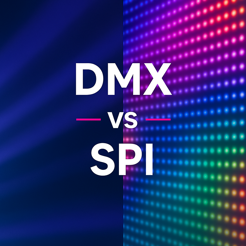 DMX vs SPI LED protocols illustrated with abstract blue light beams for DMX and colourful digital pixels for SPI.